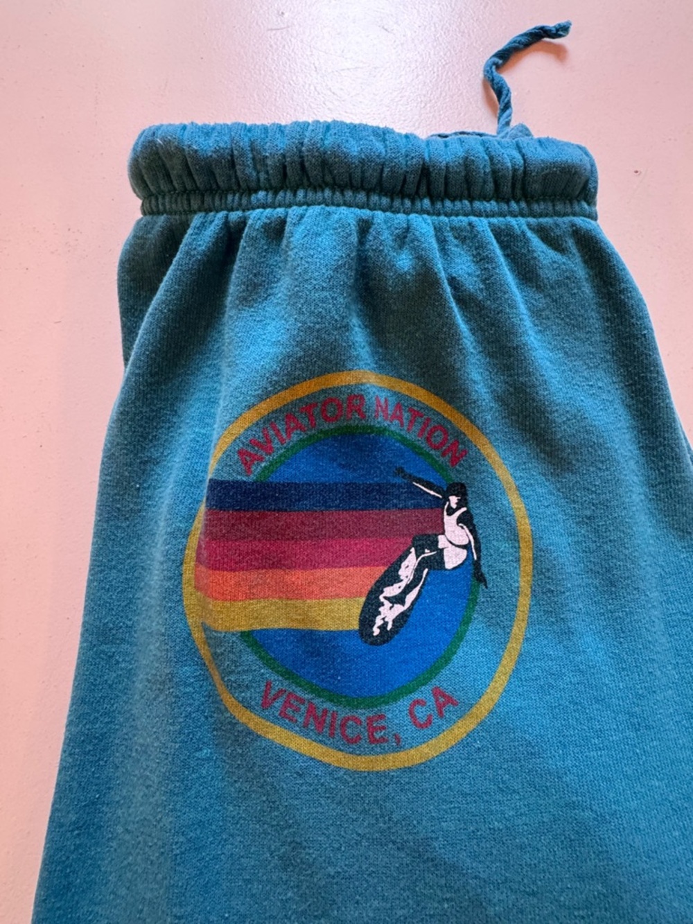 Aviator Nation Teal Sweatpants with Rainbow Surf Logo